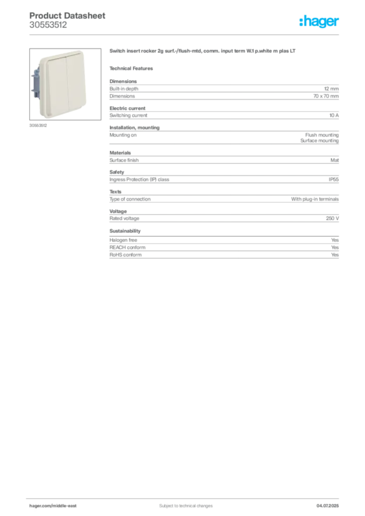 Image Hager Product data sheet 30553512  | Hager