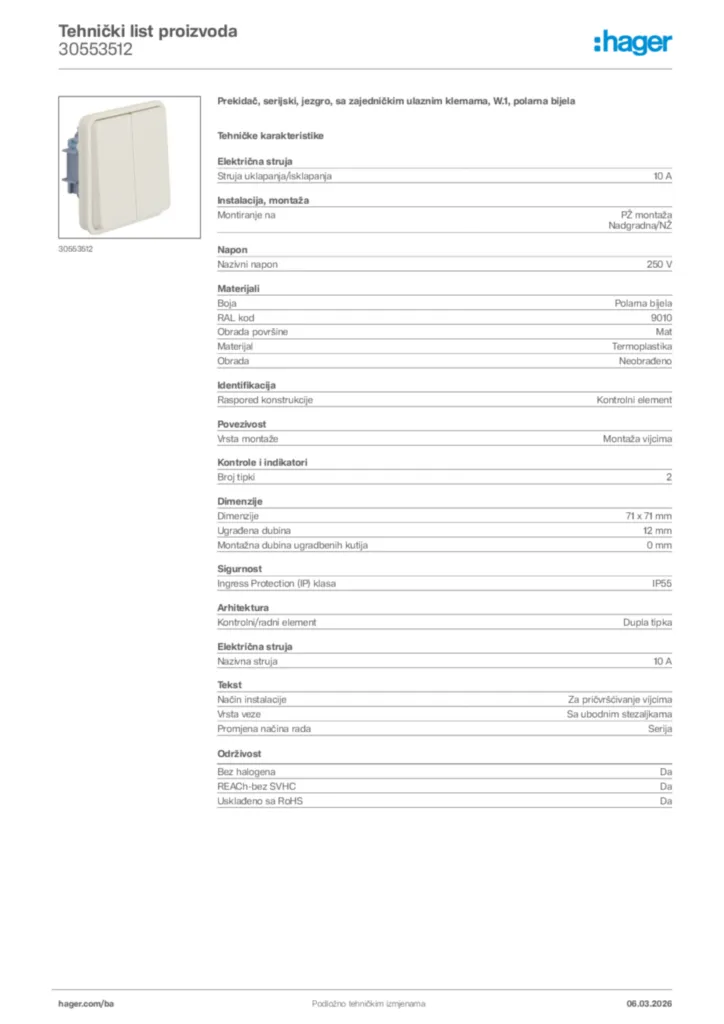 Slika Hager Tehnički list proizvoda 30553512  | Hager