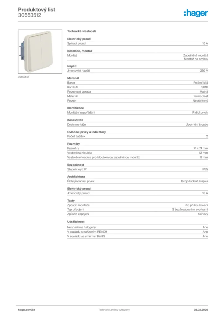 Obrázek Hager Product data sheet 30553512 | Hager
