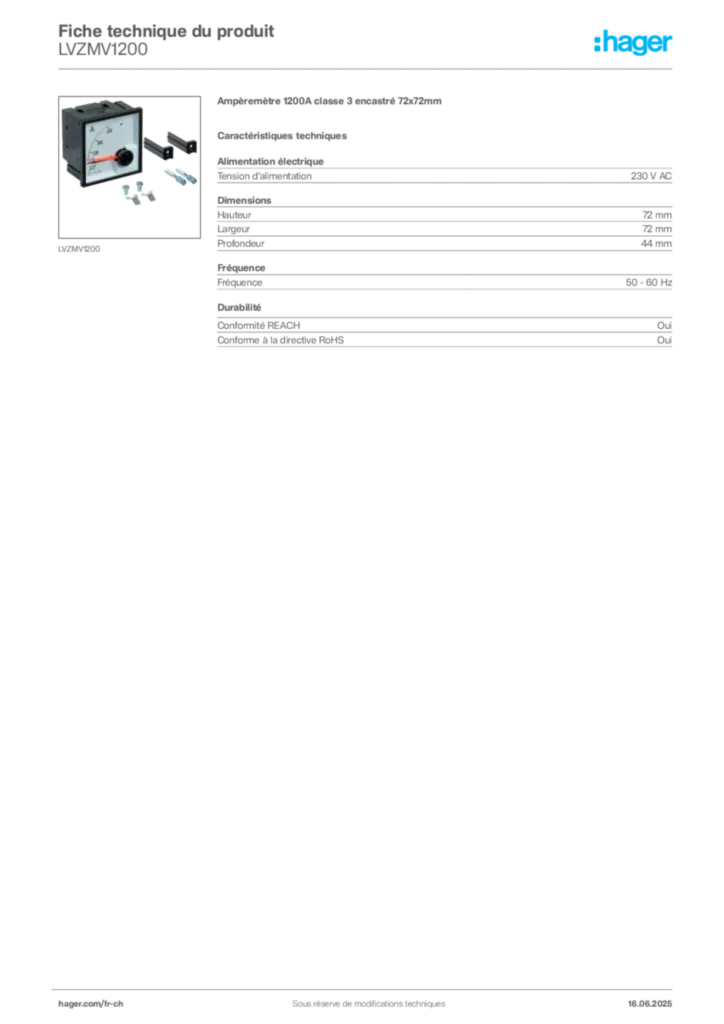 Image Hager Fiche technique du produit LVZMV1200 | Hager Suisse