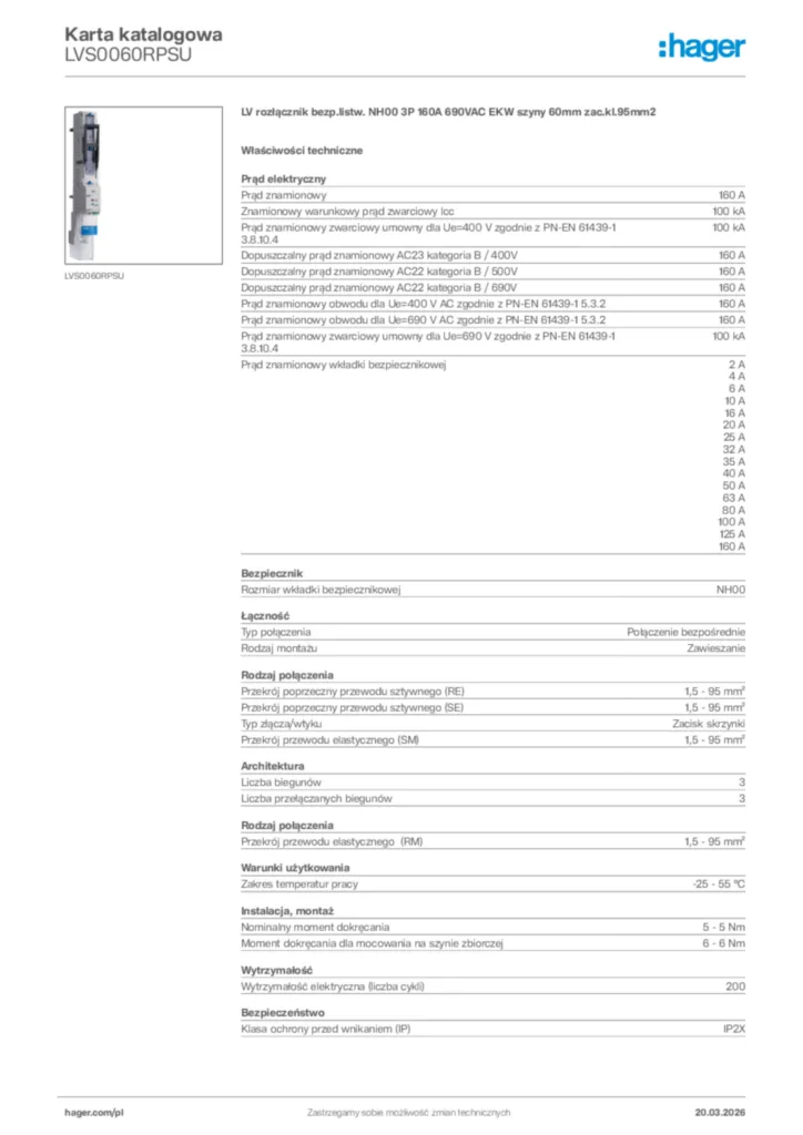 Zdjęcie Hager Karta katalogowa LVS0060RPSU | Hager Polska