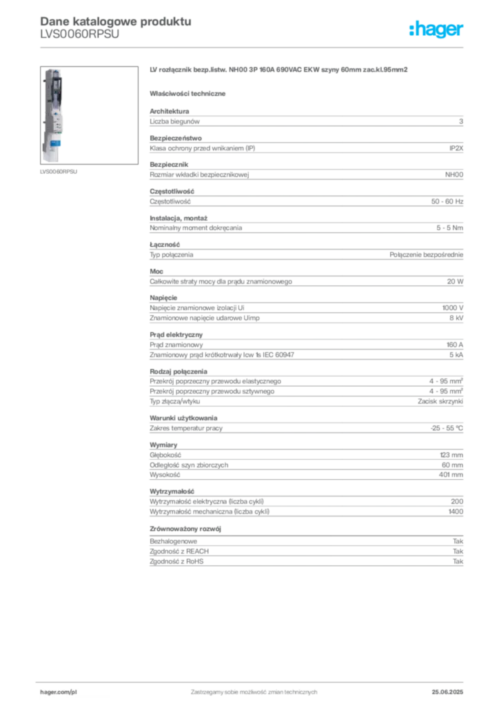 Zdjęcie Hager Dane katalogowe produktu LVS0060RPSU | Hager Polska