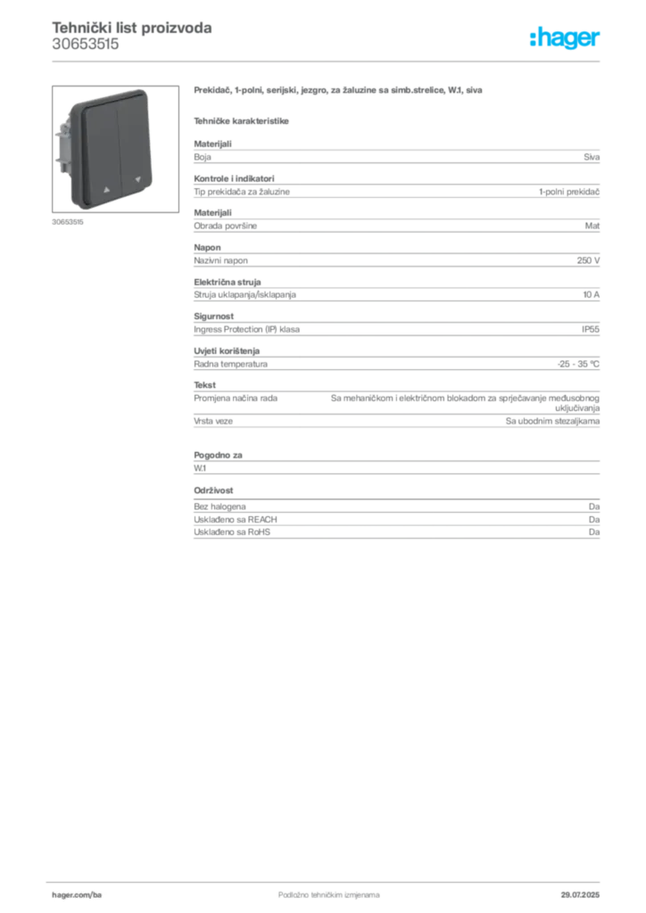 Slika Hager Product data sheet 30653515  | Hager