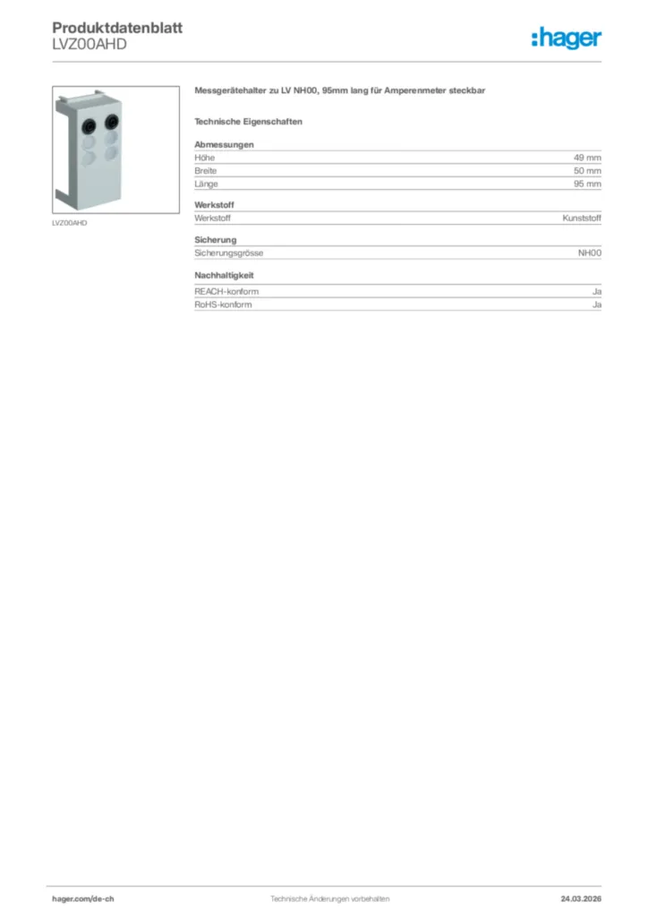Bild Hager Produktdatenblatt LVZ00AHD | Hager Schweiz
