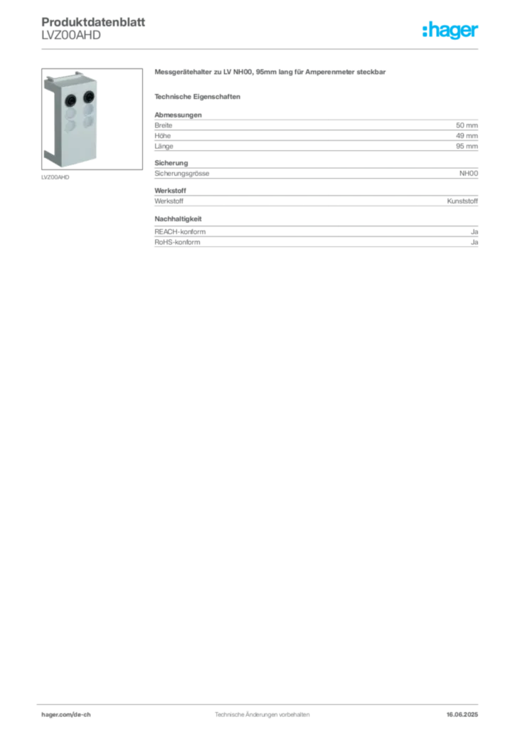Bild Hager Produktdatenblatt LVZ00AHD | Hager Schweiz