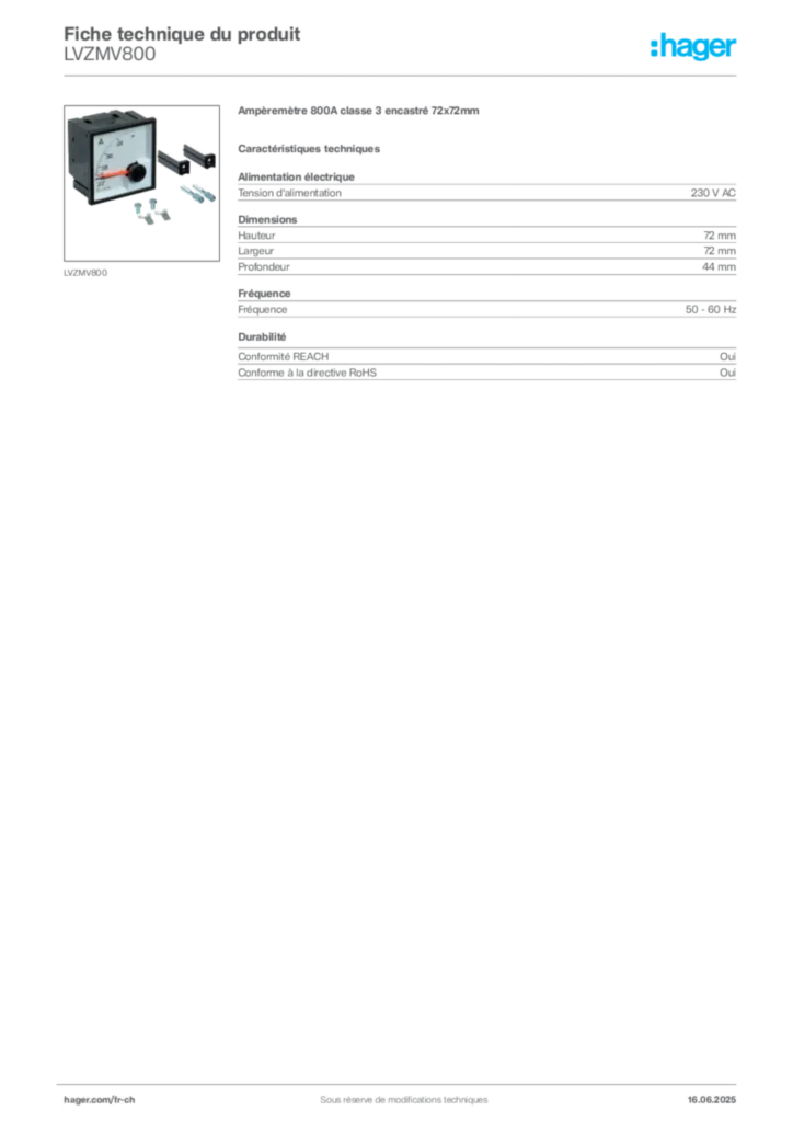 Image Hager Fiche technique du produit LVZMV800 | Hager Suisse