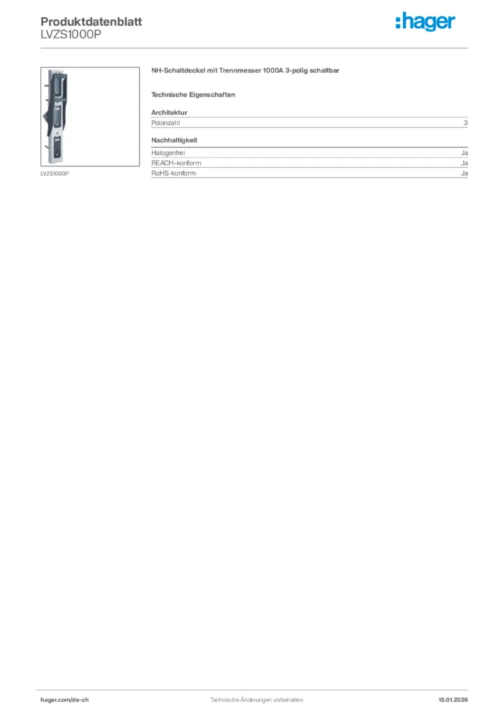 Bild Hager Produktdatenblatt LVZS1000P | Hager Schweiz