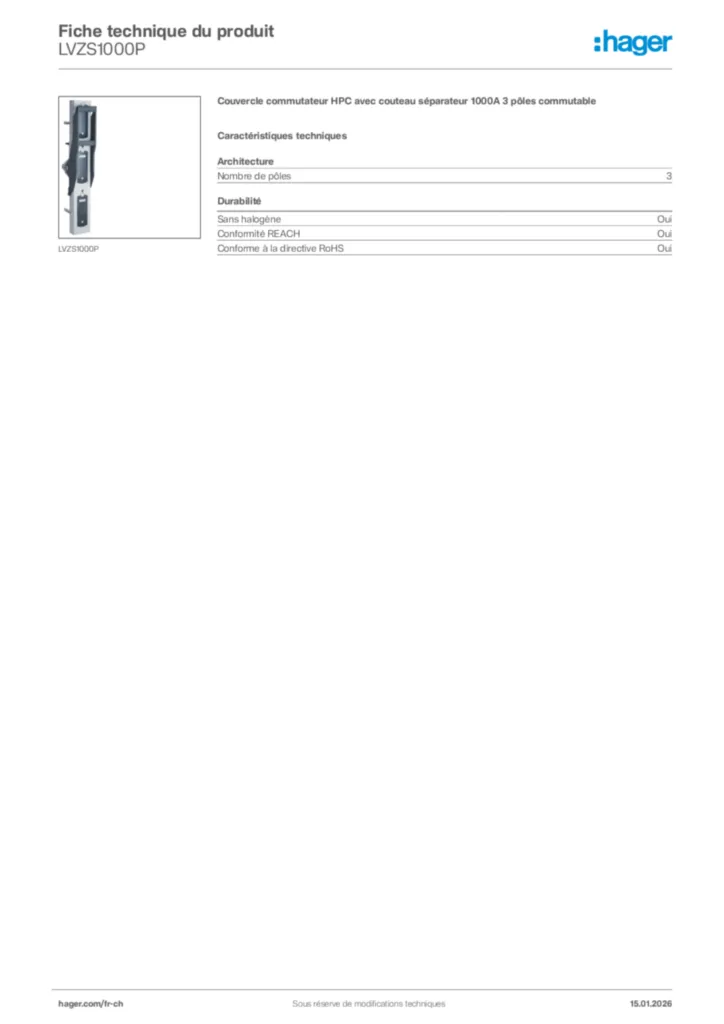 Image Hager Fiche technique du produit LVZS1000P | Hager Suisse