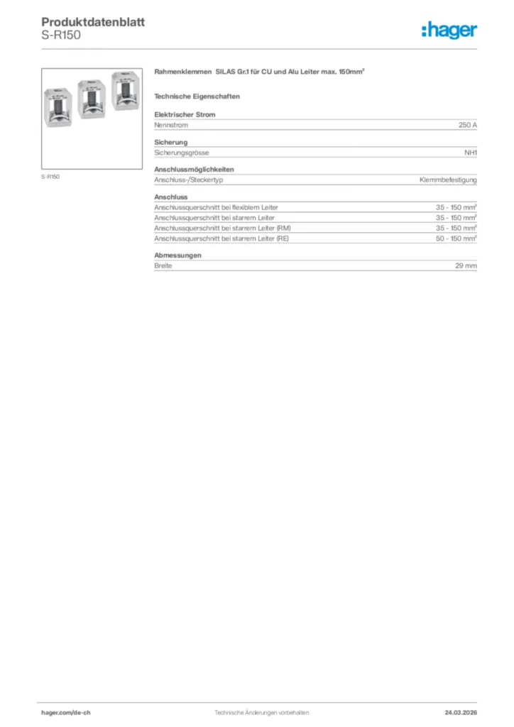 Bild Hager Produktdatenblatt S-R150 | Hager Schweiz