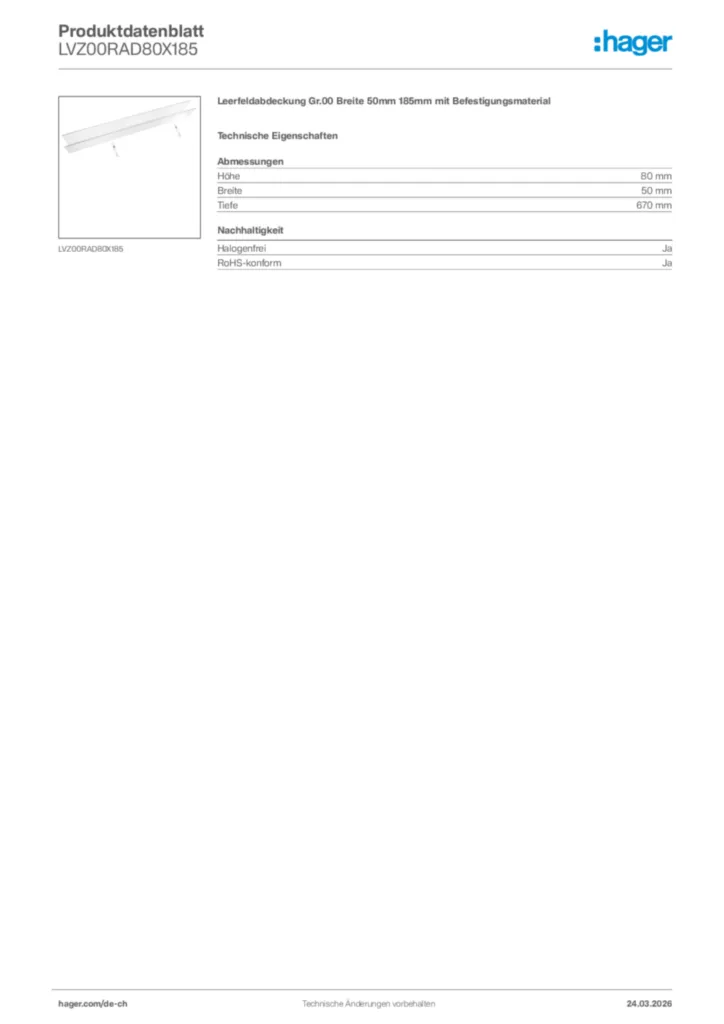 Bild Hager Produktdatenblatt LVZ00RAD80X185 | Hager Schweiz