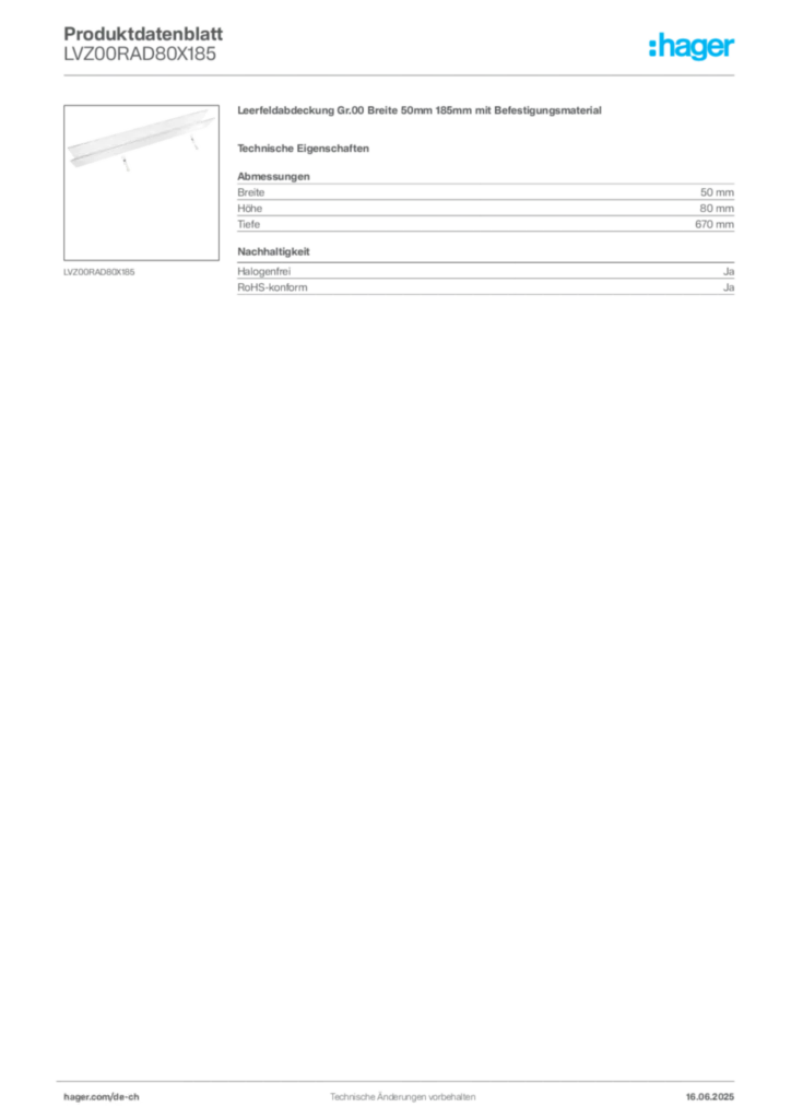 Bild Hager Produktdatenblatt LVZ00RAD80X185 | Hager Schweiz