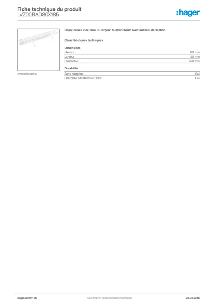 Image Hager Fiche technique du produit LVZ00RAD80X185 | Hager Suisse