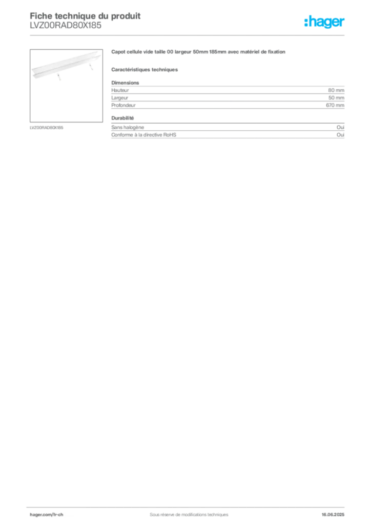 Image Hager Fiche technique du produit LVZ00RAD80X185 | Hager Suisse