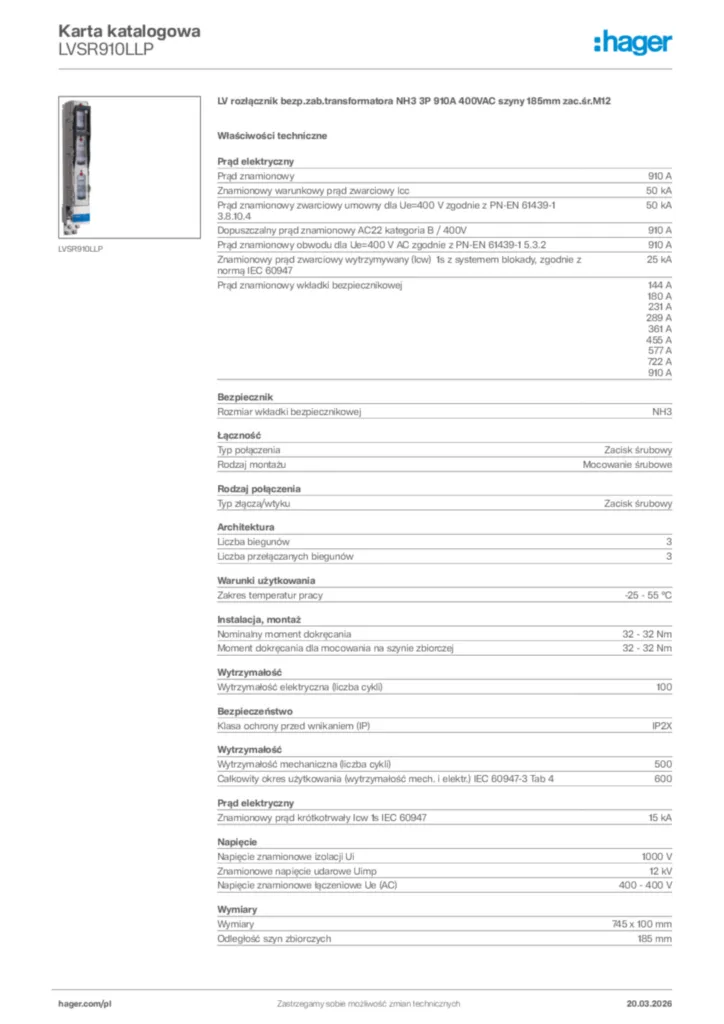 Zdjęcie Hager Karta katalogowa LVSR910LLP | Hager Polska