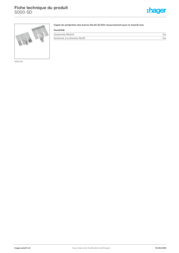 Image Hager Fiche technique du produit S000-SD | Hager Suisse