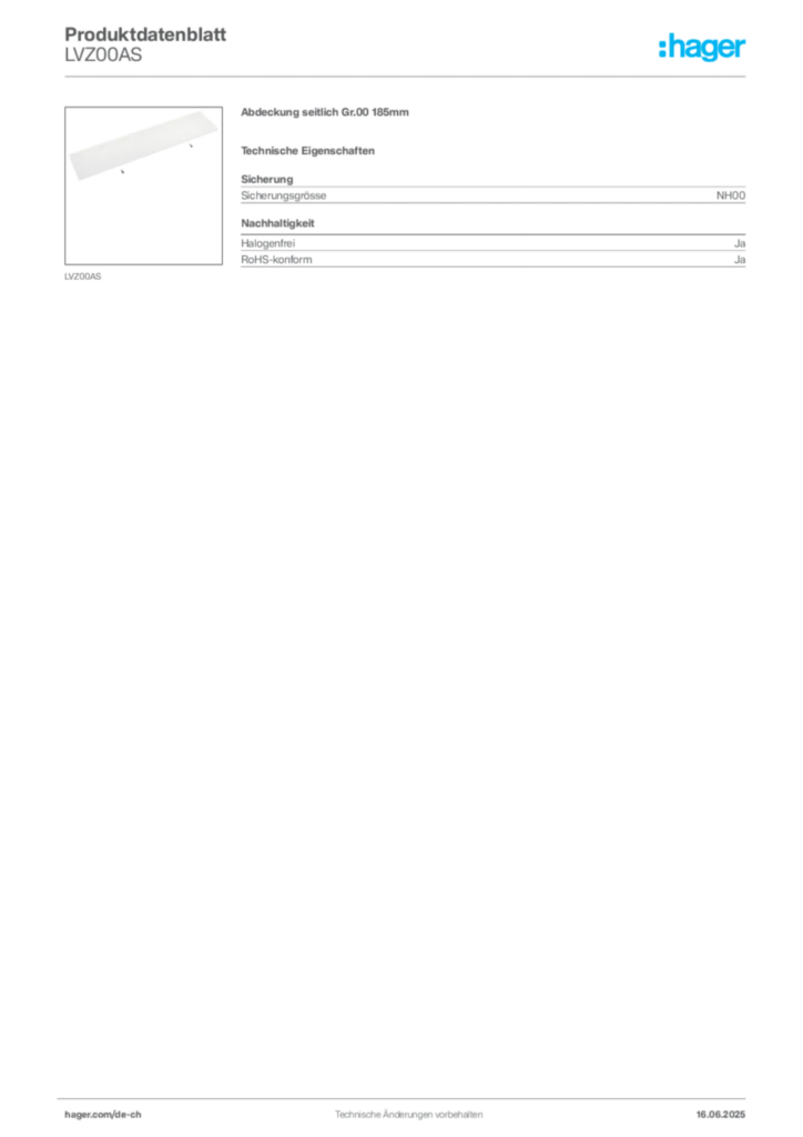 Bild Hager Produktdatenblatt LVZ00AS | Hager Schweiz