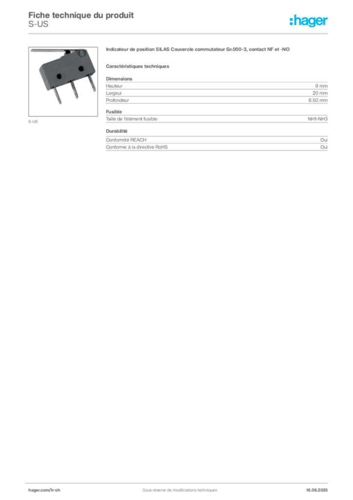 Image Hager Fiche technique du produit S-US | Hager Suisse