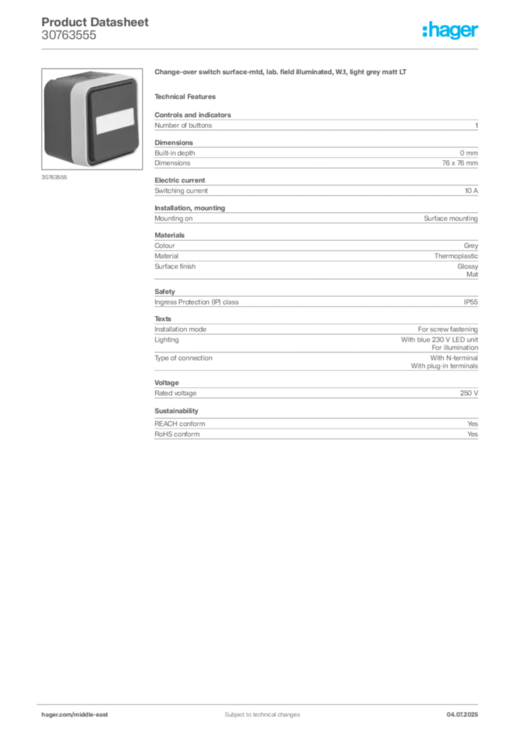 Image Hager Product data sheet 30763555  | Hager