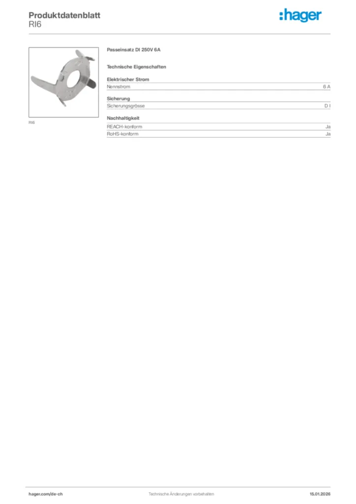 Bild Hager Produktdatenblatt RI6 | Hager Schweiz