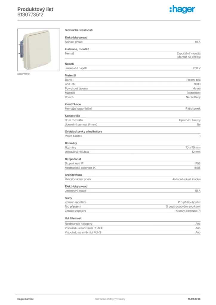 Obrázek Hager Product data sheet 6130773512 | Hager