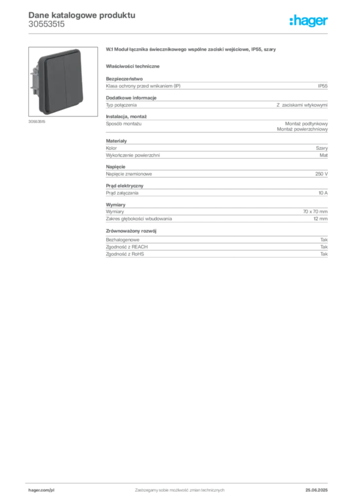 Zdjęcie Hager Dane katalogowe produktu 30553515 | Hager Polska