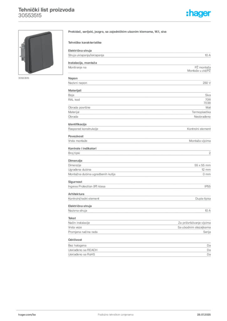 Slika Hager Product data sheet 30553515  | Hager
