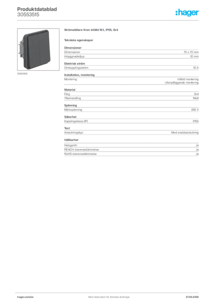 Bild Hager Produktdatablad 30553515 | Hager Sverige