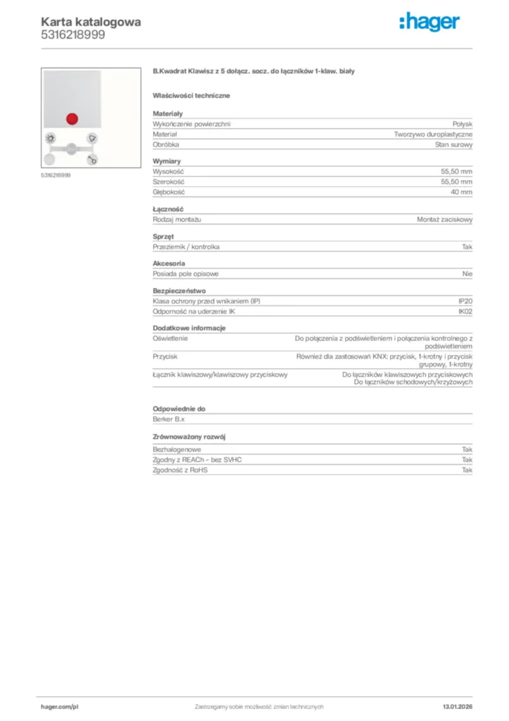 Zdjęcie Hager Karta katalogowa 5316218999 | Hager Polska