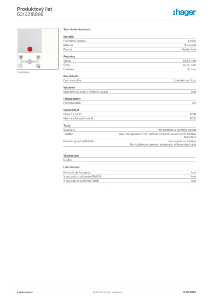 Obrázek Hager Product data sheet 5316218999 | Hager