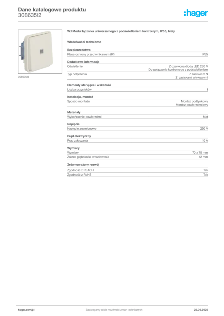 Zdjęcie Hager Dane katalogowe produktu 30863512 | Hager Polska