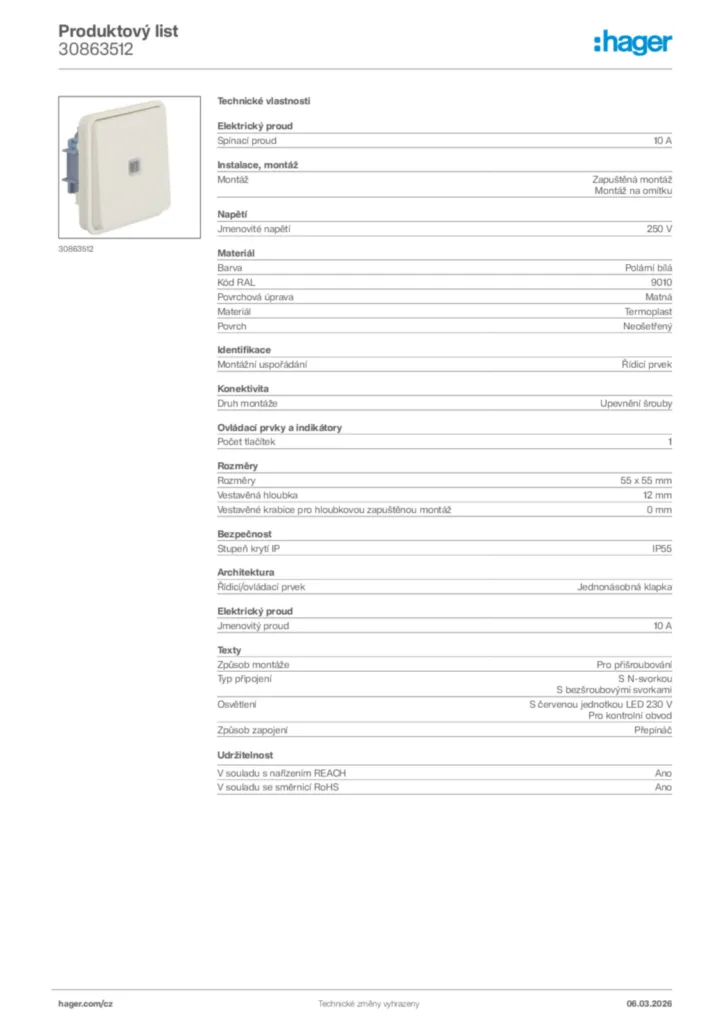 Obrázek Hager Product data sheet 30863512 | Hager
