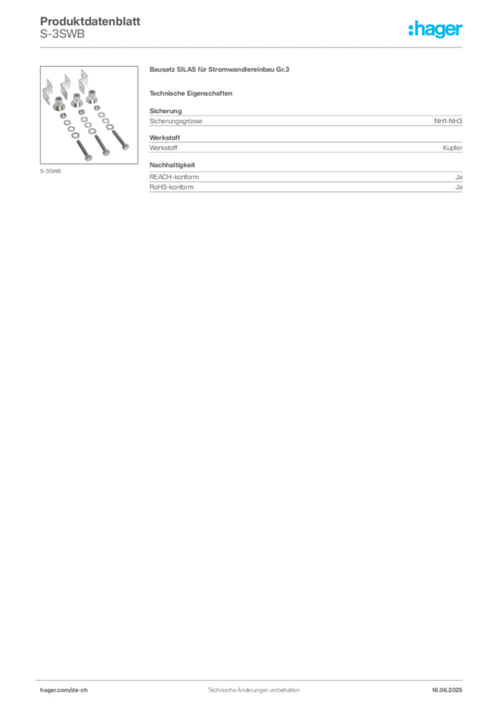 Bild Hager Produktdatenblatt S-3SWB | Hager Schweiz