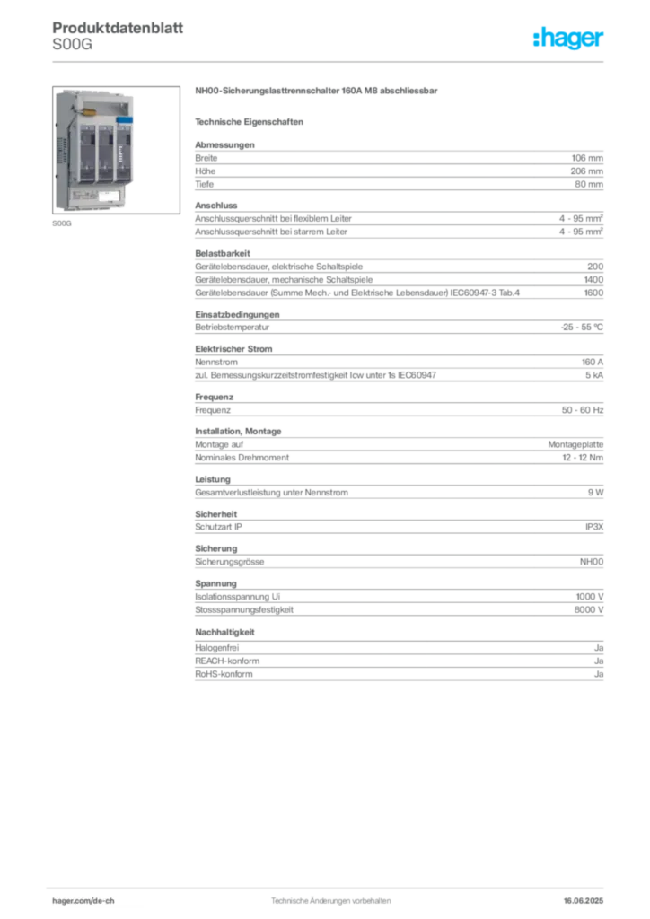 Bild Hager Produktdatenblatt S00G | Hager Schweiz