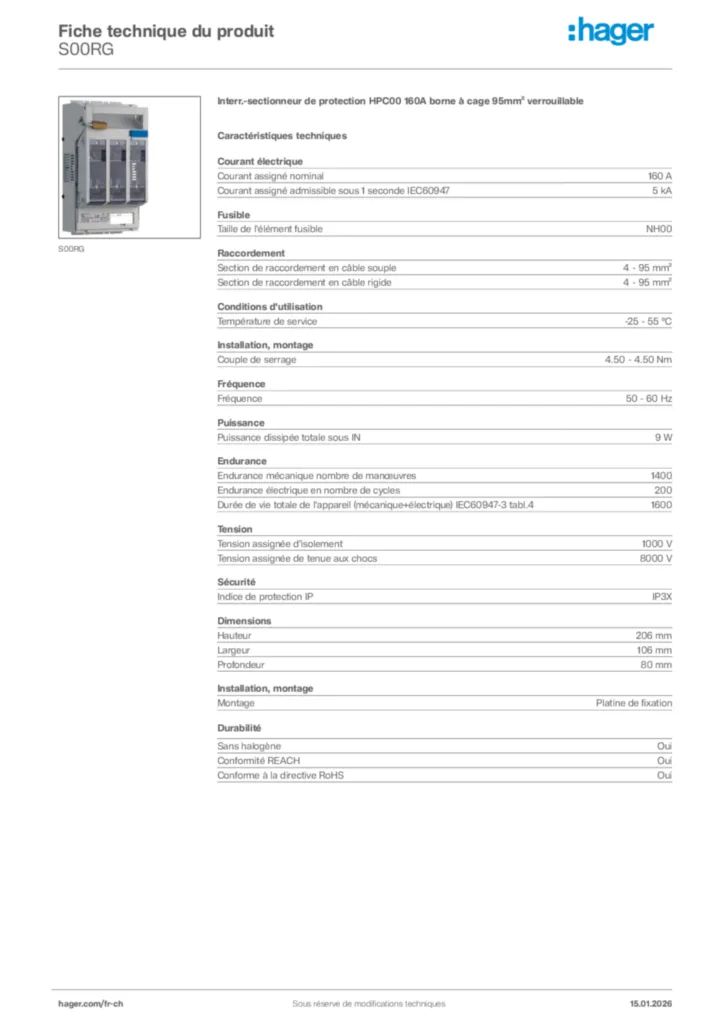 Image Hager Fiche technique du produit S00RG | Hager Suisse