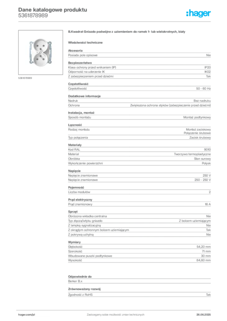 Zdjęcie Hager Dane katalogowe produktu 5361878989 | Hager Polska