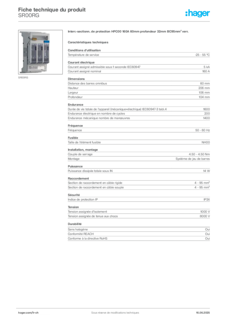 Image Hager Fiche technique du produit SR00RG | Hager Suisse