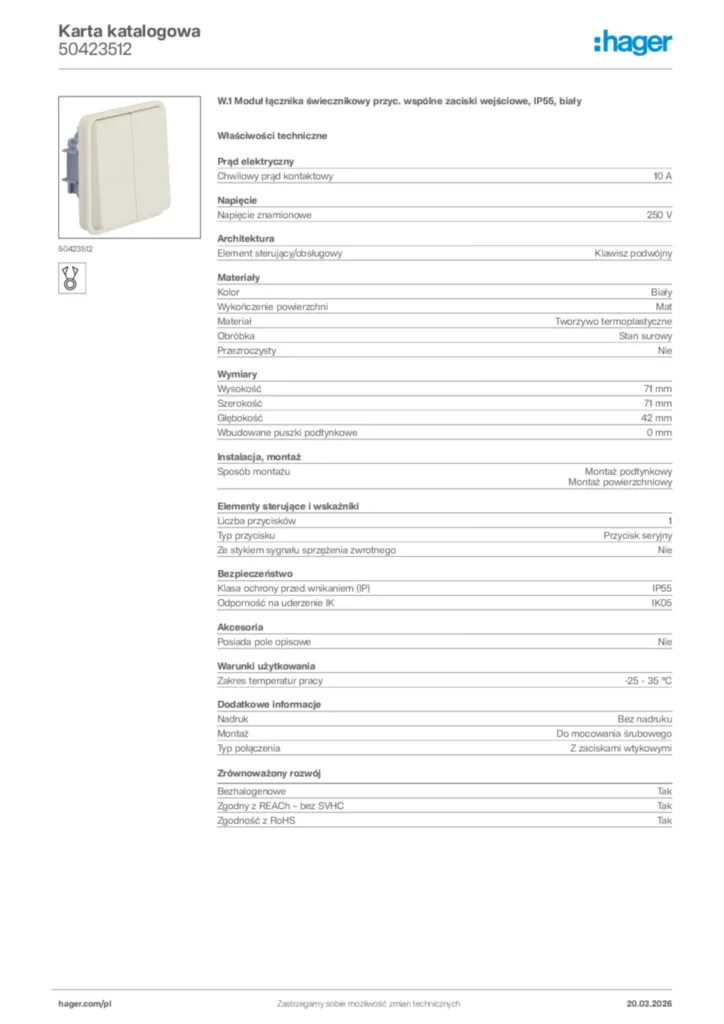Zdjęcie Hager Karta katalogowa 50423512 | Hager Polska