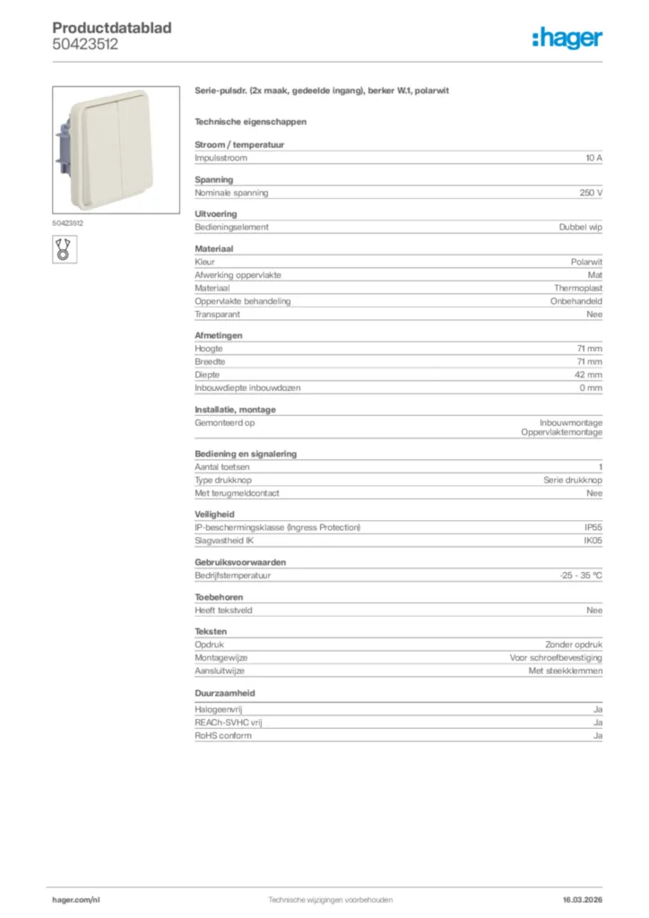 Afbeelding Hager Productdatablad 50423512 | Hager Nederland