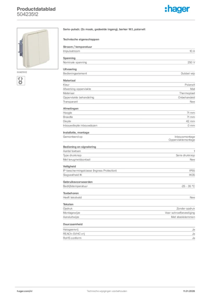 Afbeelding Hager Productdatablad 50423512 | Hager Nederland