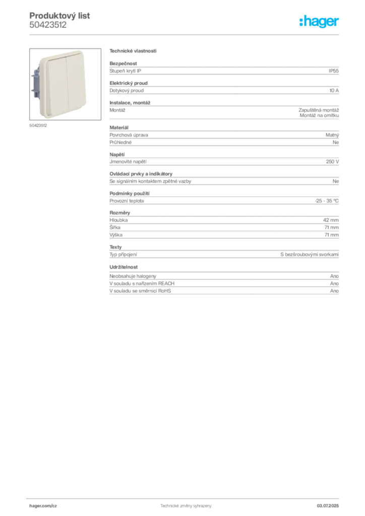 Obrázek Hager Product data sheet 50423512 | Hager
