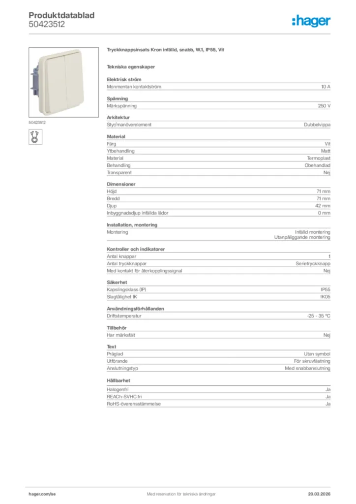 Bild Hager Produktdatablad 50423512 | Hager Sverige