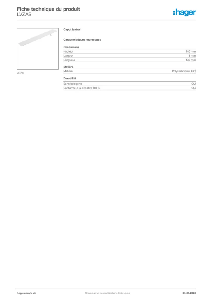 Image Hager Fiche technique du produit LVZAS | Hager Suisse