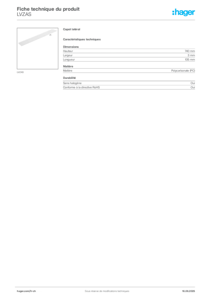 Image Hager Fiche technique du produit LVZAS | Hager Suisse