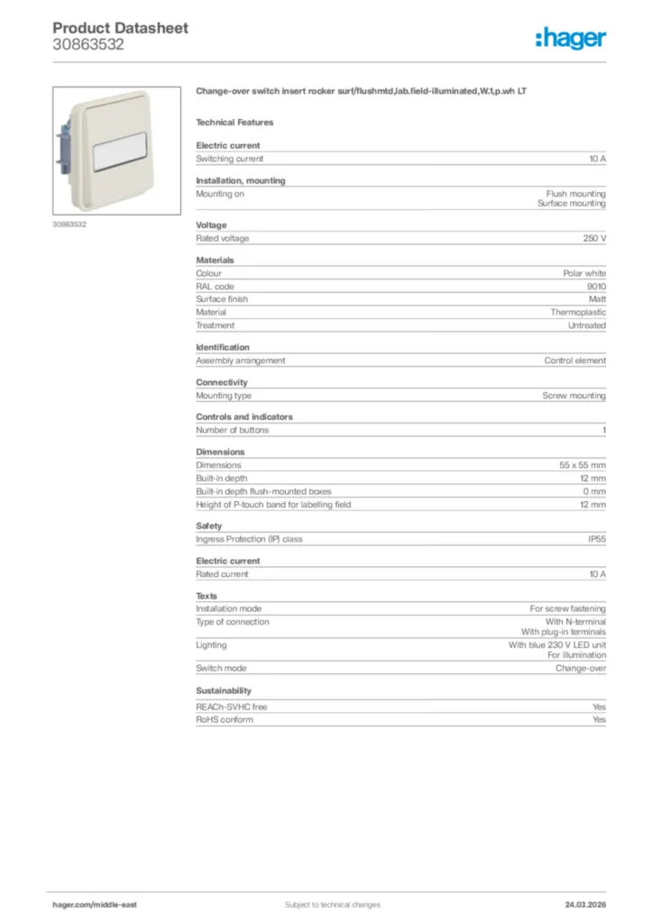 Image Hager Product data sheet 30863532  | Hager