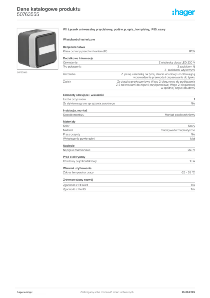 Zdjęcie Hager Dane katalogowe produktu 50763555 | Hager Polska