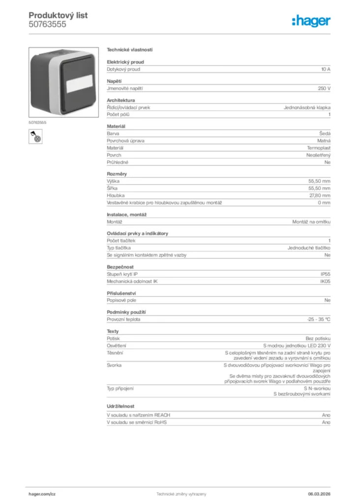 Obrázek Hager Product data sheet 50763555 | Hager