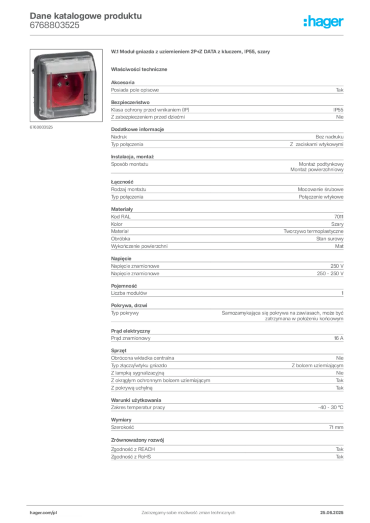 Zdjęcie Hager Dane katalogowe produktu 6768803525 | Hager Polska