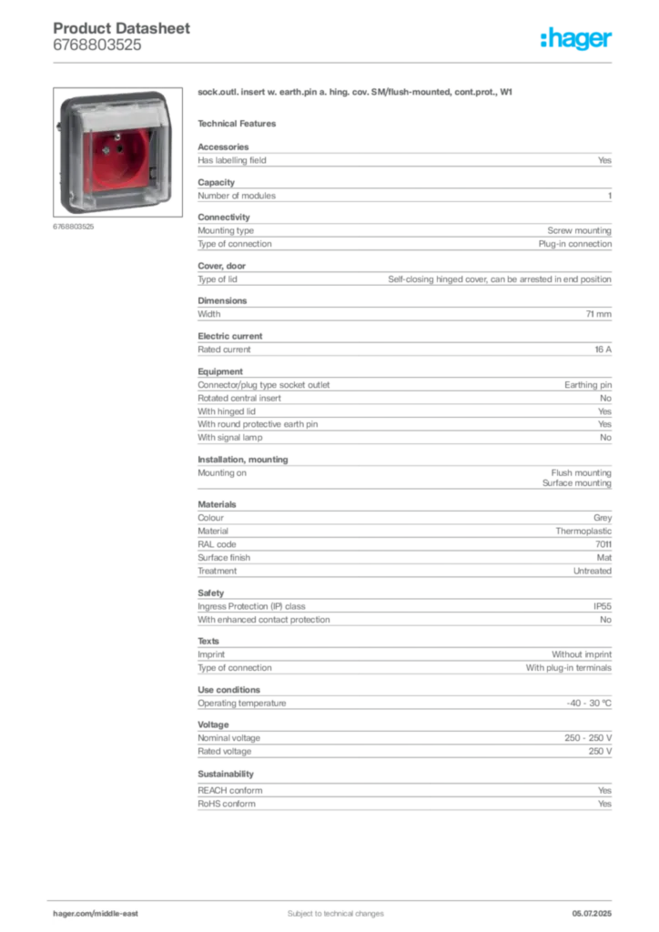 Image Hager Product data sheet 6768803525  | Hager