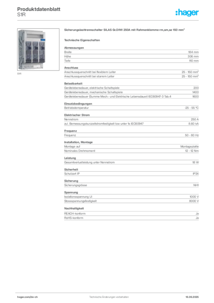 Bild Hager Produktdatenblatt S1R | Hager Schweiz