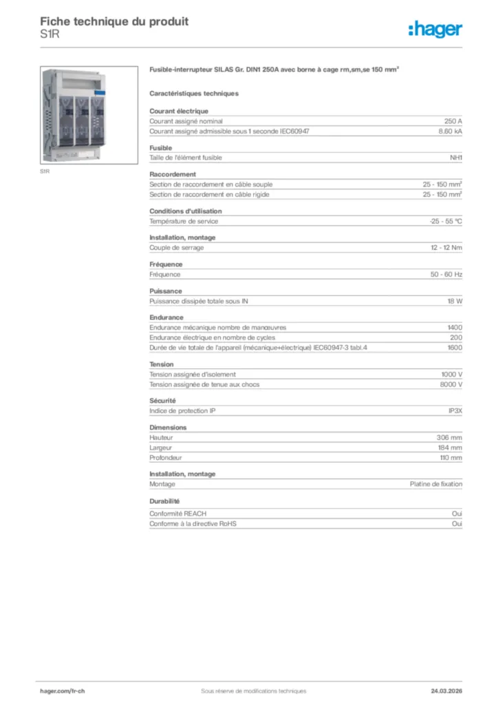 Image Hager Fiche technique du produit S1R | Hager Suisse
